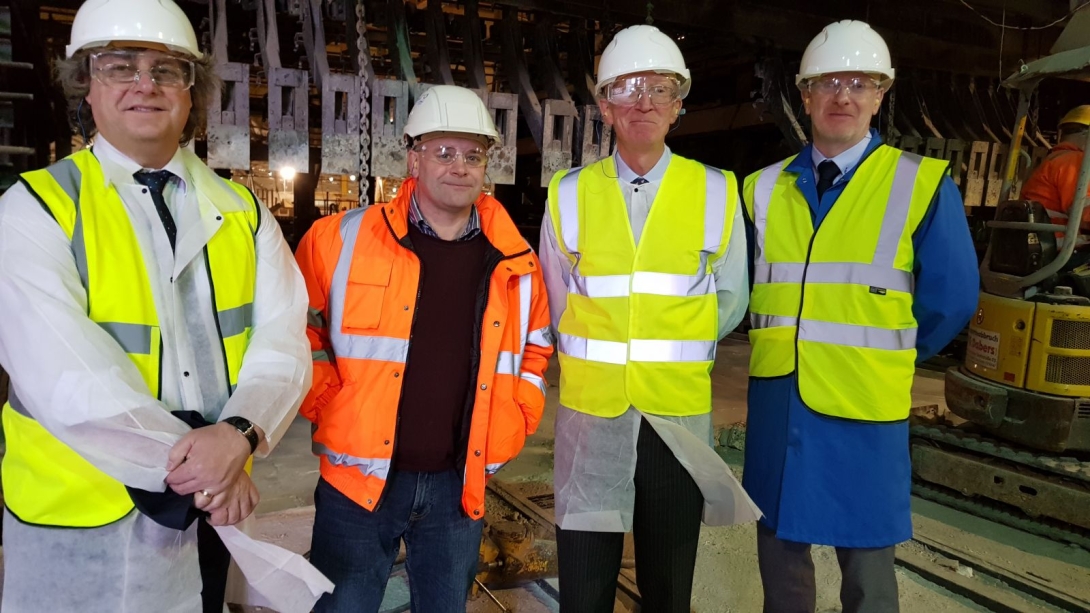 British Glass takee Lord Prior, formerly of BEIS, to tour Encirc's plant in Elton. L-R Dave Dalton (British Glass), Noel McGovern (Encirc) Lord Prior (formerly of Dept of BEIS) and Fiacre O’Donnell (Encric). Image credit: Richard Katz of Glass Futures
