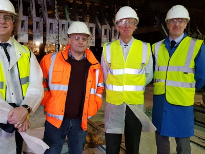 British Glass takee Lord Prior, formerly of BEIS, to tour Encirc's plant in Elton. L-R Dave Dalton (British Glass), Noel McGovern (Encirc) Lord Prior (formerly of Dept of BEIS) and Fiacre O’Donnell (Encric). Image credit: Richard Katz of Glass Futures